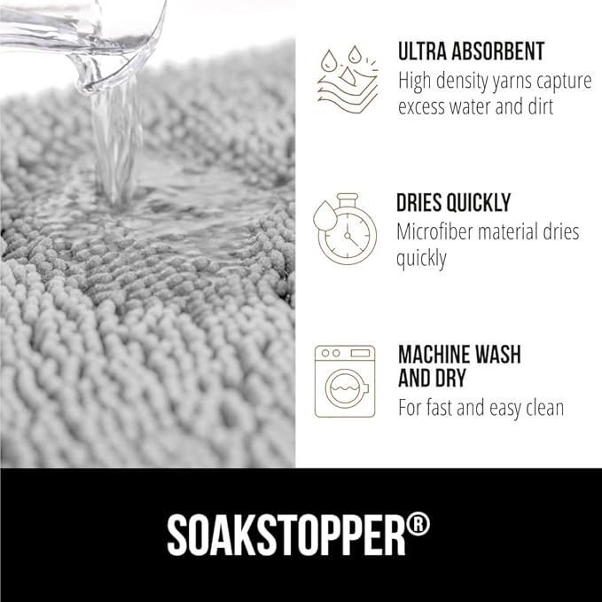 GORILLA GRIP SoakSTOPPER Dog Door Mat, 70x24 Machine Washable Rug Absorbent Doormat Captures Moisture Mud Dirt, Quick Dry Soft Chenille Entryway Rugs Indoor Entrance Mats for Dog Paws, Light Gray