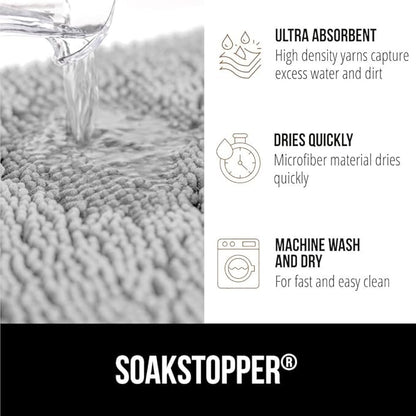 GORILLA GRIP SoakSTOPPER Dog Door Mat, 60x36 Machine Washable Rug Absorbent Doormat Captures Moisture Mud Dirt, Quick Dry Soft Chenille Entryway Rugs Indoor Entrance Mats for Dog Paws, Light Gray