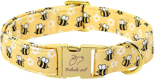 Yellow Bee Dog Collar, Cute Spring/Summer Cartoon Boy Girl Dog Collars, Adjustable Heavy Duty Male Female Dogs Collar for Small Medium Large Dogs with Metal Buckle M