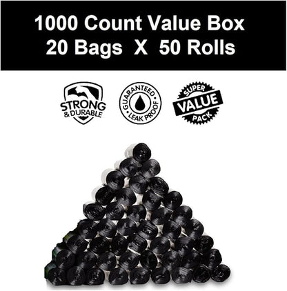 EZ 1000 Pet Waste Bags Disposal, with Dispenser, Dog Poop Pick Up Bag, Black Color, Large Size 9"x12"