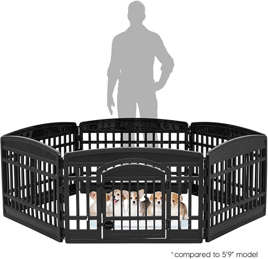 IRIS USA 24" 6-Panel Pet Dog Puppy Playpen with Door, for Puppy Small Dogs Keep Pets Secure Easy Assemble Easy Storing Customizable Non-Skid Rubber Feet, Foldable, Black