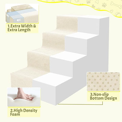 Niubya Dog Stairs for Small Dogs and Cats,18'H Non-Slip Bottom Pet Steps for High Beds and Couch,High-Density Foam Pet Stairs White,4 Steps