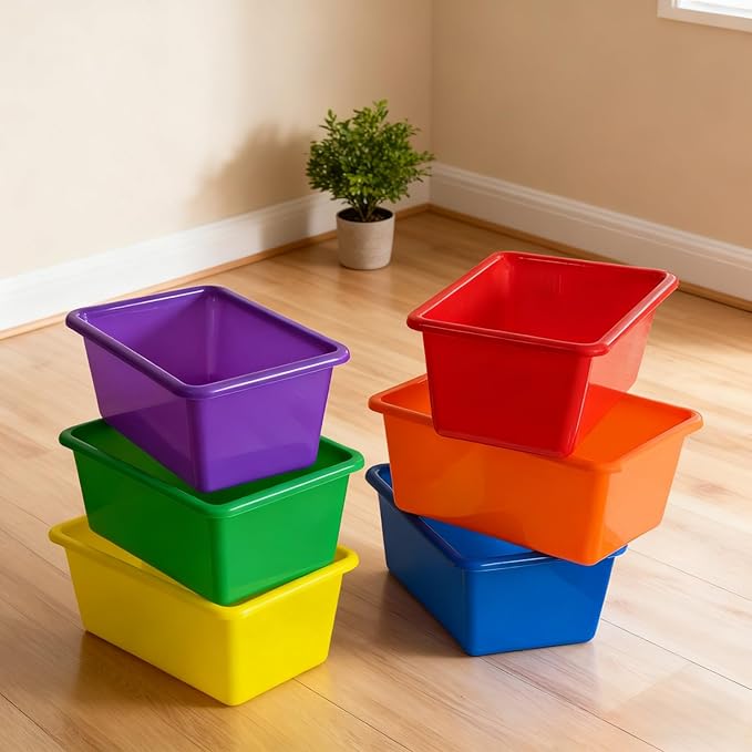 RAUVOLFIA 6 Pack Small Cubby Bin Storage Bins, Multi-Purpose Plastic Storage Bins Stackable Organizer Storage Cubbies for Home, Playroom, Classroom (Rainbow)