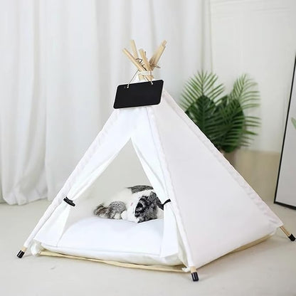 Cat Teepee Tent Bed,Outdoor Indoor Dog House,Portable Washable Pet Tent for Small Dogs with Cushion,Inside Pet Teepee for Small Medium Animals (White, M)