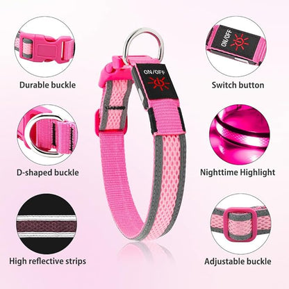 Illumifun Light Up Dog Collar - USB Rechargeable LED Dog Collar Glow in The Dark, High Visibility Glow Collar Light for Nighttime Walking (Medium, Light Pink)