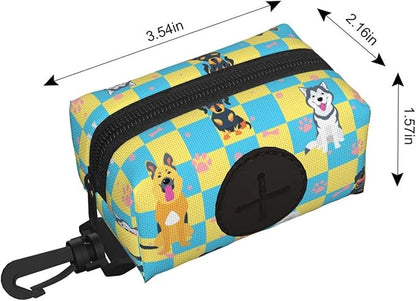 Dog Poop Bag Holder for Leashes - Lightweight Pet Waste Bags Dispenser Doggy Zippered Pouch for Puppy Walking Accessories(Plaid Dog Paw Print Bones)