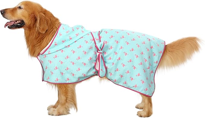 HDE Dog Bathrobe Super Absorbent Quick Drying Puppy Towel Wrap Coat Adjustable After Bath Robes with Hood for Dog Sizes S-XXL Flamingos L