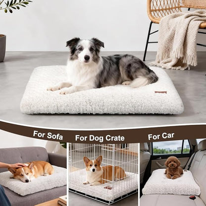 Dog Bed Crate Pad - Rosette Pattern White Velvet Pet Bed Anti-Slip Comfy Kennel Pad for Crates Rosette White L
