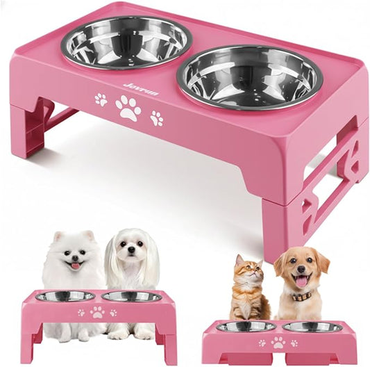 Elevated Dog Bowls for Small Dogs and Cats, Dog Feeder with 2 Thick 5.5" Stainless Steel Dishes, Non-Slip 2 Heights Adjustable to 2.6"-5.3"