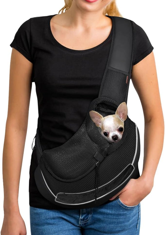 YUDODO Pet Sling Carrier for 2-5 lbs Small Dogs & Cats – Hands-Free Puppy Carrier with Safety Hook, Large Zipper Pocket, Soft Breathable Mesh, Adjustable Strap & Reflective Strip (Black 3.0 S)