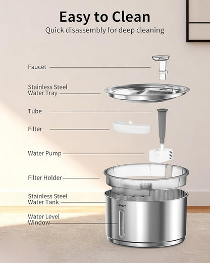 NPET Stainless Steel Cat Water Fountain, 1Gallon/135oz Automatic Pet Drinking Fountain Dog Water Dispenser with 8 Replacement Filters for Cats Indoor