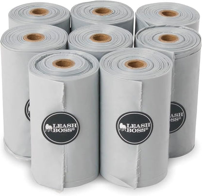 Leash Boss Dog Poop Bags - 120 Bags, 8 Rolls Unscented Leak Proof Waste Bag Rolls (Gray, 8 Rolls)