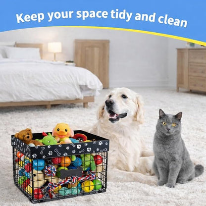 Indestructible Dog Toy Bin - Metal Dog Toy Basket, Pet Wire Folding Basket - Large Dogs Toys Storage Personalized - Dogs Toys Box Chew-Proof Pet Supplies Holder for Living Room, Black