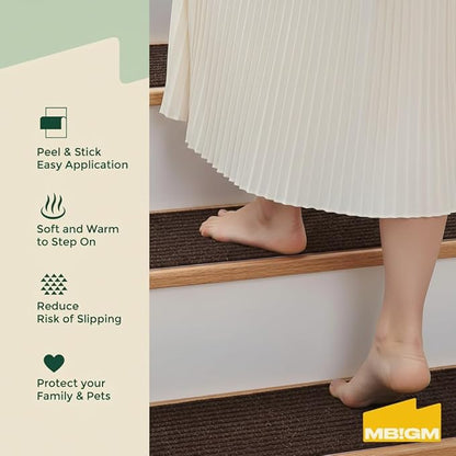 MBIGM 8" X 30" (15 in Pack) Nonslip Carpet Stair Treads Non-Skid Safety Rug Slip Resistant Indoor Runner for Kids Elders & Pets with Reusable Adhesive - Brown - Non Slip Stair Treads Indoor