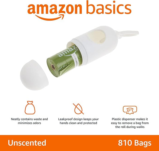 Amazon Basics Premium Leak Proof Dog Poop Bags with Dispenser and Leash Clip, Unscented, 13" x 9", 810 Count (54 Rolls of 15)
