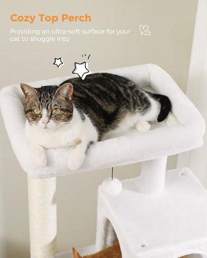 MUTTROS Cat Tree for Large Cats with Metal Plush Big Hammock, 56.3" Cat Tower for Indoor Cats with 2 Door Condo House, 6-Tier Cat Shelves with Scratching Posts and Large Top Perch, Cream White