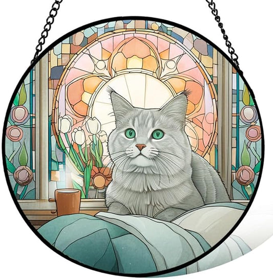 9.8in Stained Glass Window Hanging， Gray Cat Sun Catchers Indoor Window， Core Decor Inside and Outside The Cottage，Gifts for Women -376