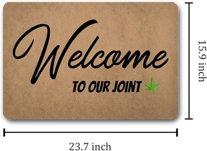 Funny Welcome Doormat (23.7 in X 15.6 in) Anti-Slip Rubber Back Entrance Way Indoor Front Porch Decor Rugs House Warming Gift (Welcome to Our Joint with Cannabis Leaf)