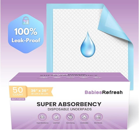 50 Count Super Absorbency 2XL 36” x 36" Disposable Underpads, Leakproof Quick Drying for Multi-use for Babies, Puppy Pads and Adults, Chucks, Disposable Diaper Changing Pad for Baby, Blue XXL