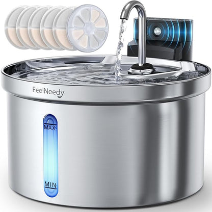 Wireless Cat Water Fountain Stainless Steel [Water & Battery Separation] FEELNEEDY Smart Pet Water Fountain, 4000mAh Battery Operated Water Fountain for Cats Dogs 3.5L/118oz + 6 Filters
