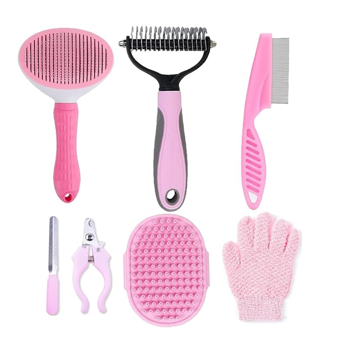 7 PCS Dog Brush Dog Grooming Kits,Dog Shedding Brush，Self-Cleaning Brush with Nail Clipper, Flea Comb and Shampoo Bath Brush