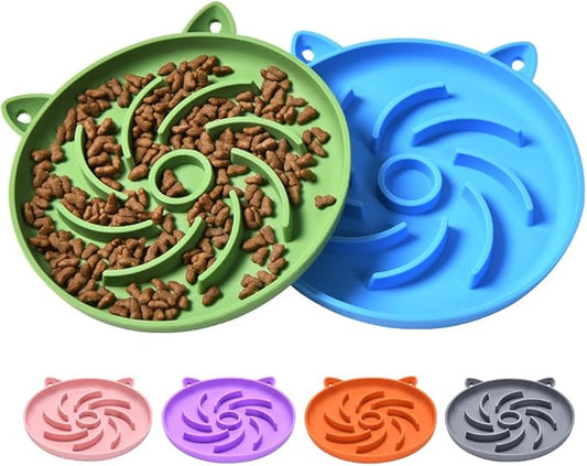 2Pcs Silicone Slow Feeder Cat Bowl,Puzzle Feeder,Interactive Toys,Slow Feeding cat Bowl Suitable for All Dry and Wet Foods,Easy to Clean Silicone Bowls (Green and Blue)