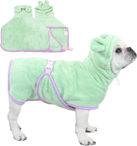 Pet Bathrobe for Dog Cat Absorbently Quick Drying Coat Cute Dogs Bath Towel Hooded Robe Adjustable Collar & Belly Strap for Pool Beach (Green, Small)