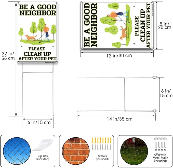 Clean Up After Your Pet Aluminum Signs 2 Pack 12x8 Inch No Pooping Dog Signs with Metal Stake and Mounting Hardware for Yard