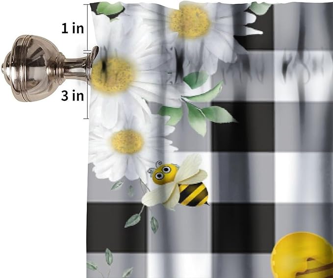 Bee Valances Curtain for Kitchen, Black White Buffalo Daisy Gnomes Window Treatment Valances Short Curtains Rod Pocket Drape for Dining Room Home Farmhouse Decor, 54x18inch