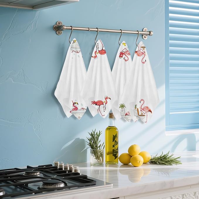 4 Pcs Funny Flamingo Hand Towels for Bathroom 24x14 Inch, Hot Pink Bird Reusable Dish Towels for Bathroom Restroom Decor, Waffle Weave Absorbent Hand Cloth Tea Towel, Flamingo Gifts for Women Mom