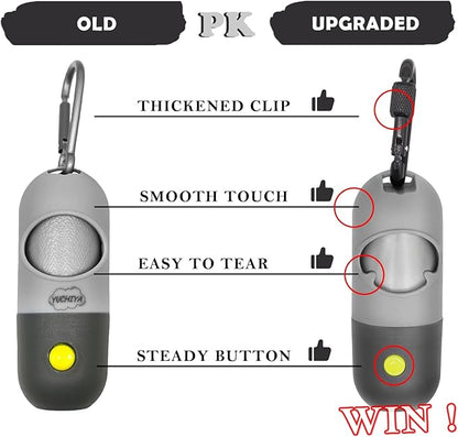 Dog Poop Waste Bags Holder with LED Flashlight|Cute Doggie Poo Bags Dispenser for Pet Leash|Trash Waste Bags Carrier with Potty Clip Fastener LR44 Button Cells Included (Grey, 1 Holder 195 Bags)