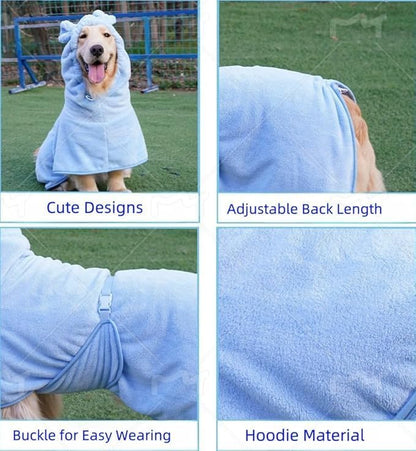 Pet Bathrobe for Dog Cat Absorbently Quick Drying Coat Cute Dogs Bath Towel Hooded Robe Adjustable Collar & Belly Strap for Pool Beach (Blue, Small)