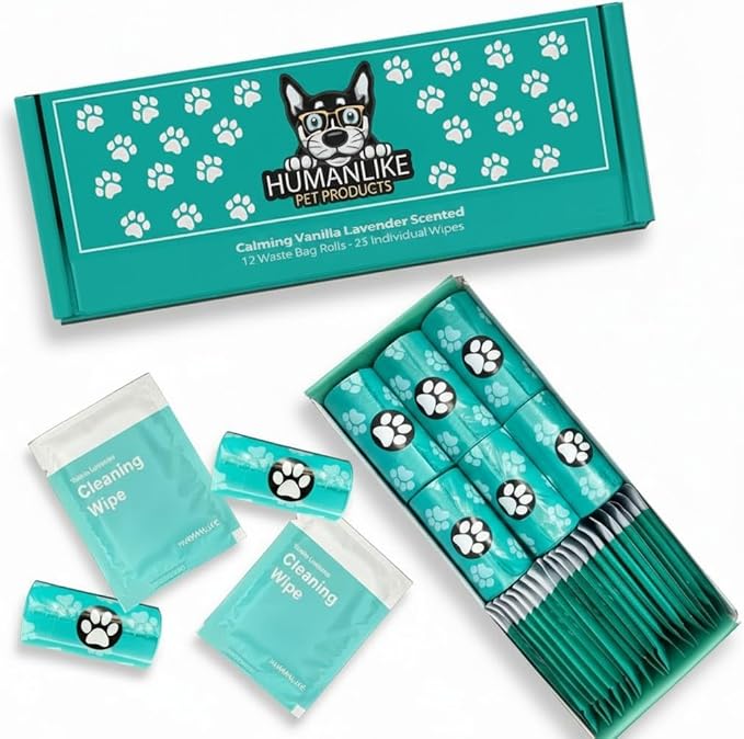 Dog Poop Bags and Wipes (2 in 1) - 180 Vanilla Lavender Scented Dog Waste Bags (12 Rolls) + 25 Individual Pet Wipes. Dog Walking Kit for Pet Owners, Cat Litter, Dog Leash, Pet Supplies, Puppy Pads.