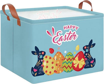 CLOCOR Rectangular Blue Easter Egg Gift Basket Empty,Waterproof Storage Basket with Handles,Room Decor(Blue Easter Bunny)