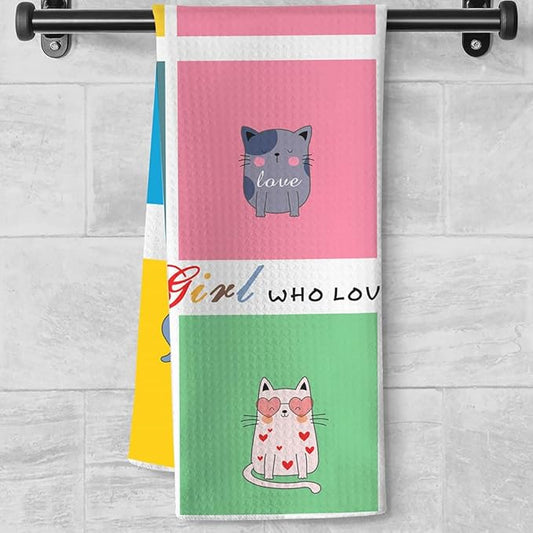 Quick-Dry Cat Kitchen Towels - Multi-Kitten Mosaic Art with 'Cat-Adoring Girl' Motif, Hand Towel & Dish Cloth for Women Who Cherish Kittens & Pet Mom Devotees - Perfect for Decorating Your Kitchen