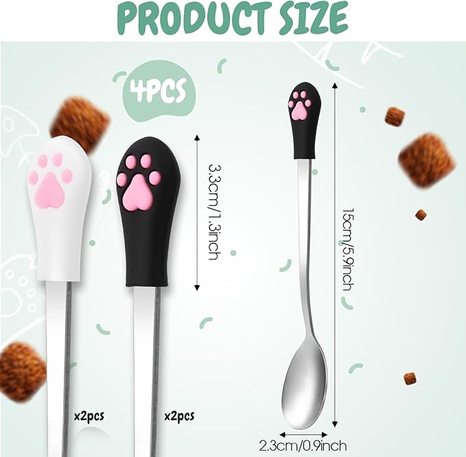 4 Pcs Stainless Steel Dog Cat Spoon Cat Claw Spoon for Wet Food Long Handle Cats Food Scoop Cute Pet Can Spoons Pet Feeder Spoons for Dog and Cats Foods Can (White and Black)