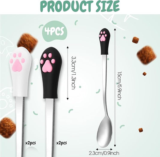 4 Pcs Stainless Steel Dog Cat Spoon Cat Claw Spoon for Wet Food Long Handle Cats Food Scoop Cute Pet Can Spoons Pet Feeder Spoons for Dog and Cats Foods Can (White and Black)