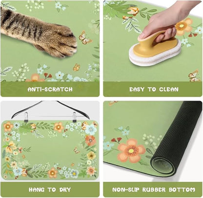 Dog Food Mats for Floors Waterproof, Pet Water Bowl Mats Pet Feeding Absorbent Placemats Flower 12 * 20 inch