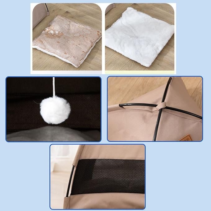 Cute Cat Teepee Cave, Cat Tent Foldable Indoor Outdoor with Thick Mat,Puppy Bed Tent,Bunny Pet Tent Teepee,Portable Dog House Teepee Tent, Cat Bed,Dog Bed Tent,Puppy Bunny,Pet Tent Teepee (S, S)