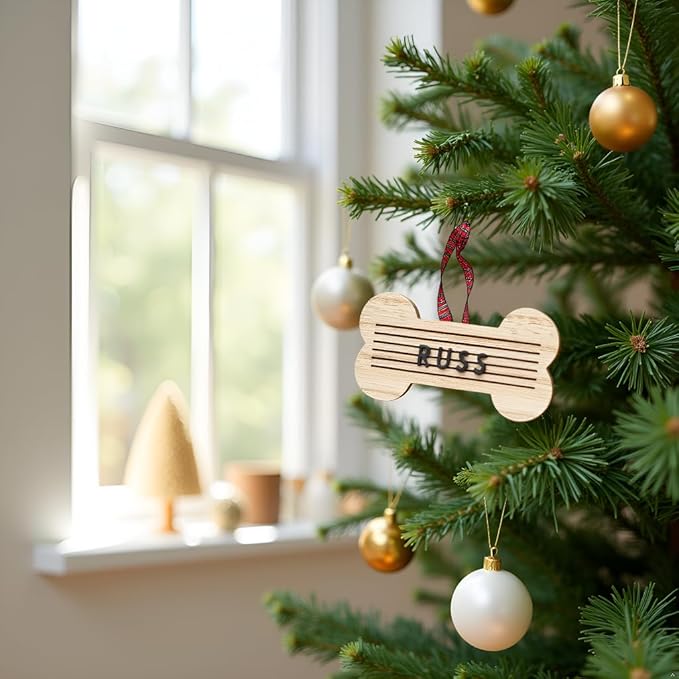 Pearhead Pet Letterboard Bone Holiday Christmas Tree Ornament, Pet Owner Christmas Keepsake, Wood with Buffalo Check Hanging Ribbon