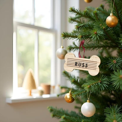 Pearhead Pet Letterboard Bone Holiday Christmas Tree Ornament, Pet Owner Christmas Keepsake, Wood with Buffalo Check Hanging Ribbon