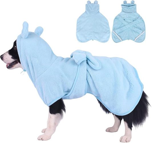 Super Absorbent Dog Bathrobe Pineapple Soft Fast Drying Dogs Towel Robe Adjustable Drying Coat for After Bath with Hood (Coral Velvet Blue, Large)