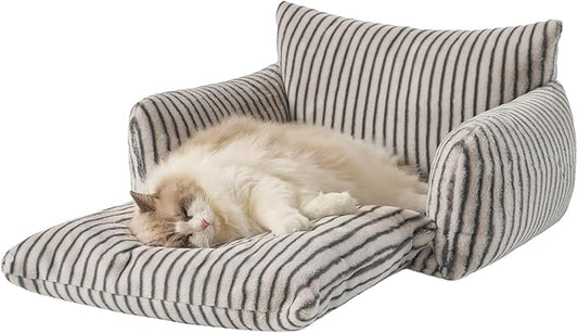 Hollypet Cat Bed Fluffy Plush Mutifuctional Double-Layer Soft Pet Couch Orthopedic Sofa Nest Beds for Small Cats and Dogs, Dark Gray Stripes (25x20x13 inch)