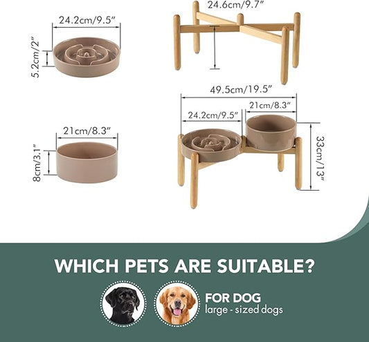 3.2 Cup Ceramic Raised Slow Feeder Dog Bowl Set, Elevated 8.2inch Bowl and 9.5inch Puzzle Slow Food Dish with Wooden Stand for Large Dog, Anti-Gulping (2 x Brown Coffee+ Stand)