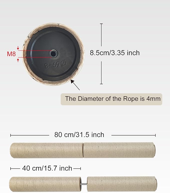 TIMHAKA 4 PCS M8 Cat Scratching Post Replacement, 15.7 x 3.3 inch Sisal Pole Cat Tree Replacement Post with Screws, Refill Sisal Rope Scratcher Posts for Indoor Tree Tower Cat Furniture Protector