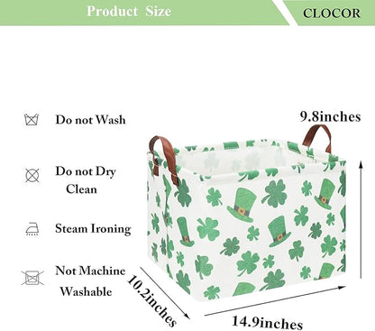CLOCOR Four-leaf Clover Basket Empty,Rectangular St. Patrick's Day Gift Basket for Boys and Girls,Kids Toys Storage Bin,Baby Room Decor(Clover)