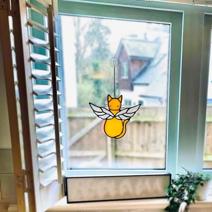 Orange Cat Memorial Gift Stained Glass Suncatcher,Angel Cat Decor Stained Glass Window Hangings,Loss of Cats Sympathy Gifts for Catss Lover,Pet Memorial Gifts for Women