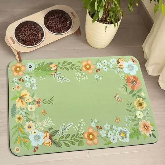 Dog Food Mats for Floors Waterproof, Pet Water Bowl Mats Pet Feeding Absorbent Placemats Flower 16 * 24 inch