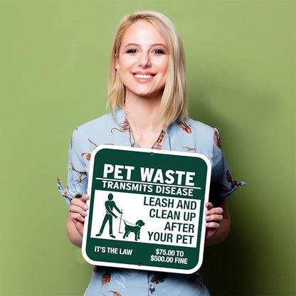 "Pet Waste Transmits Disease - Clean Up After Your Pet" Sign - 12" w x 12" h Square - Rustproof Aluminum- Metal Outdoor Dog Waste Station Sign for Outdoor Parks, HOAs, Homes ($75 to $500 Fine)