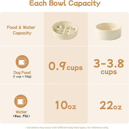 Ceramic 0.9 Cup Raised Slow Feeder Dog Bowl Set, Elevated 6.1inch Slow Dish and 6.1inch Water Bowl with Wooden Stand for Small Dogs (2 x Beige+ Stand)